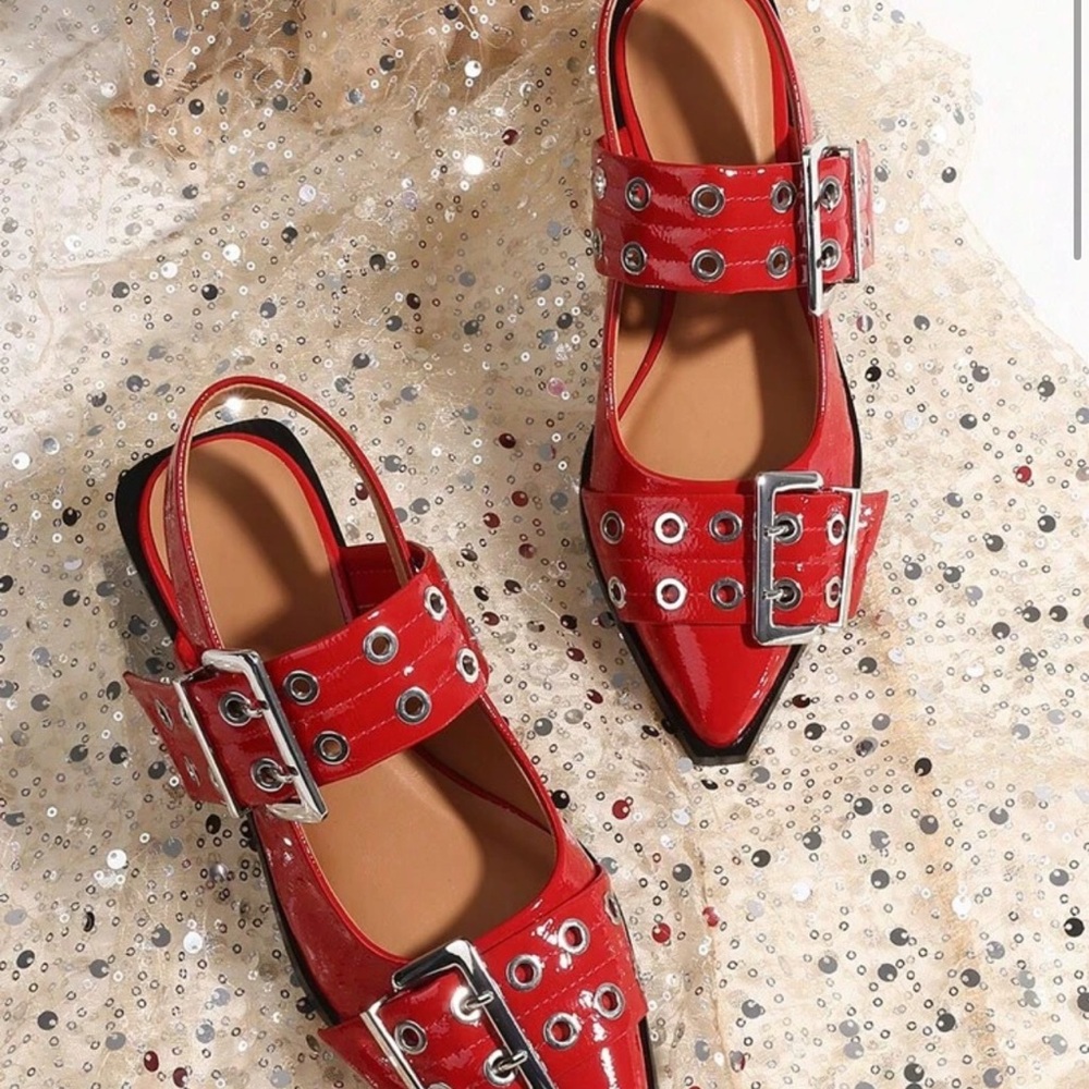 Women's Red Patent Slingback Flats with Buckles